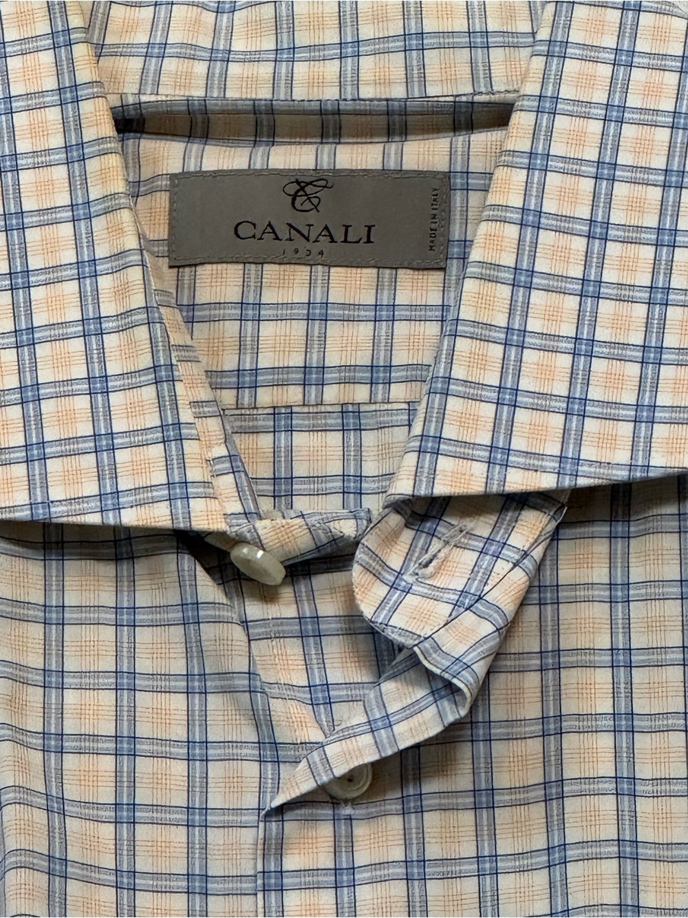 Canali Beige and Blue Check Cotton Dress Shirt